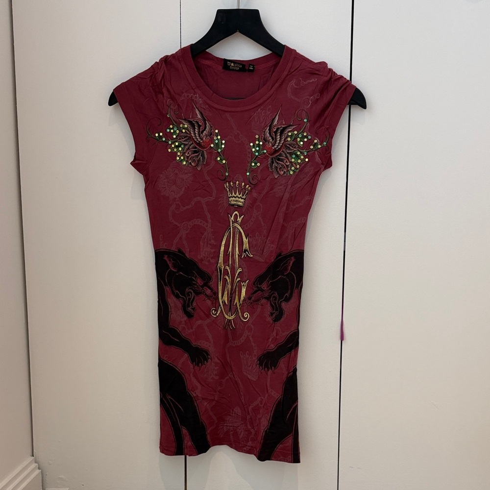 Christian Audigier Burgundy Graphic Embellished tee